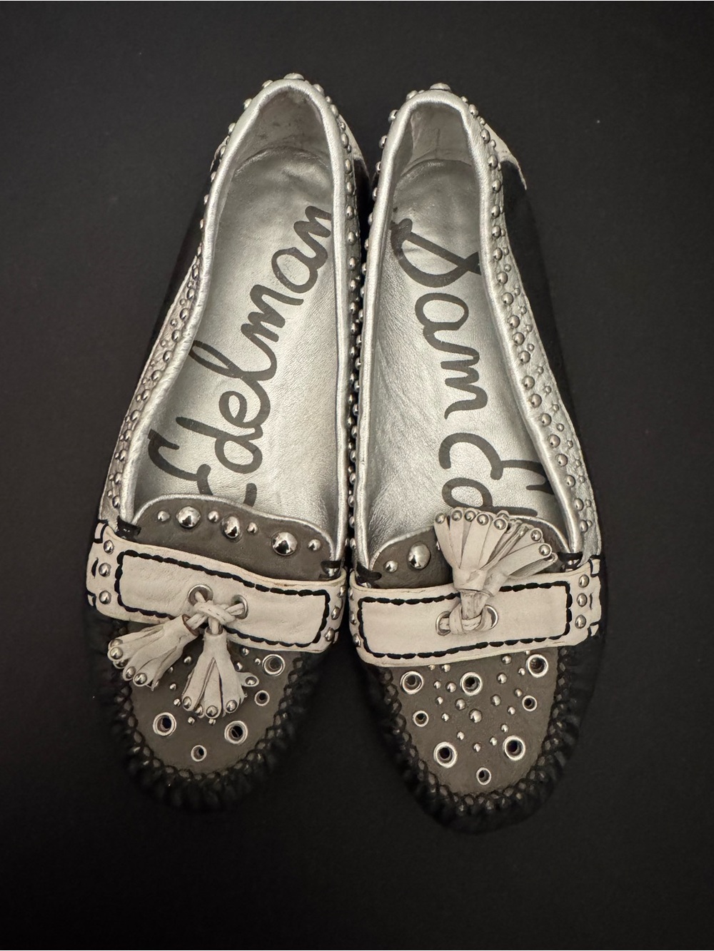 Sam Edelman Silver, Black & Cream Studded Tassel Loafers